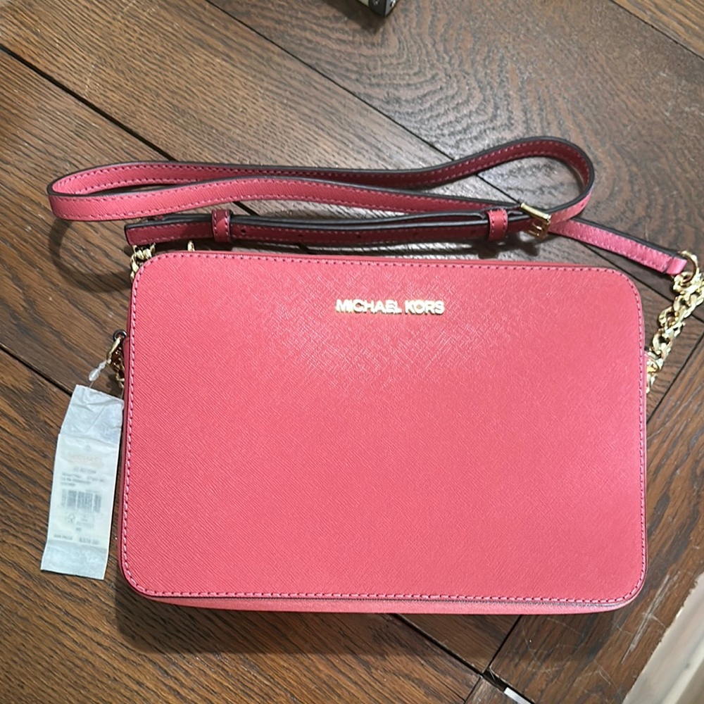 Michael Kors Pink Saffiano Leather Crossbody Bag with Gold Hardware